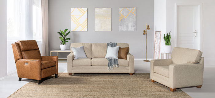 LuxHome Seating Braxton Chair Recliner, Ellington Sofa and Chair Track Arm Setting