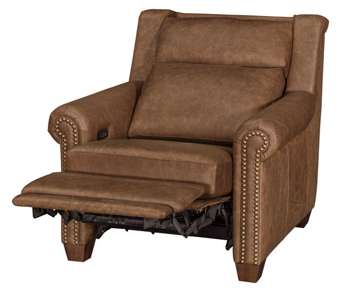 LuxHome Seating Remington Chair Recliner with Tilt Headrest and Nail Heads Rolled Arm Full Reclined